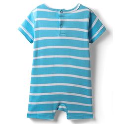 Babyhug 100% Cotton Knit Half Sleeves Striped Romper with Bear Print - Light Blue