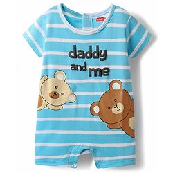 Babyhug 100% Cotton Knit Half Sleeves Striped Romper with Bear Print - Light Blue