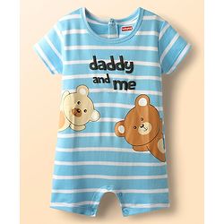 Babyhug 100% Cotton Knit Half Sleeves Striped Romper with Bear Print - Light Blue