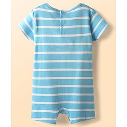 Babyhug 100% Cotton Knit Half Sleeves Striped Romper with Bear Print - Light Blue
