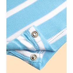 Babyhug 100% Cotton Knit Half Sleeves Striped Romper with Bear Print - Light Blue