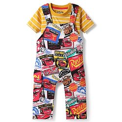 Babyhug Disney Single Jersey Knit Half Sleeve Tee & Dungaree Set with Stripe Design & Disney Pixar Cars Print - Multicolor