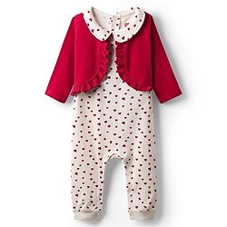 Babyhug 100% Cotton Cotton Knit Full Sleeves Romper with Attached Shrug & Heart Print - Red