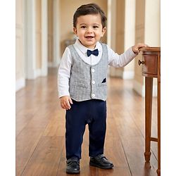 Babyhug 100% Cotton Full Sleeves Romper With Attached Waistcoat & Bow Applique - Navy Blue