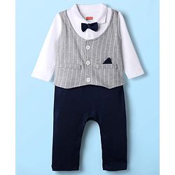 Babyhug 100% Cotton Full Sleeves Romper With Attached Waistcoat & Bow Applique - Navy Blue