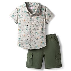 Babyhug Cotton Woven Half Sleeves Shirt & Shorts Set with Floral Print - White & Olive Green