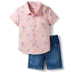 Babyhug Cotton Woven Half Sleeves Shirt & Shorts Set with Floral Print - Peach & Navy Blue