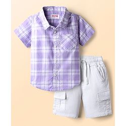 Babyhug Cotton Woven Half Sleeves Shirt and Short With Pockets & Checks - Purple