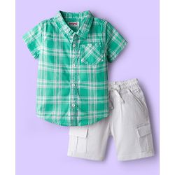 Babyhug Cotton Woven Half Sleeves Checks Shirt & Shorts Set - Green & White