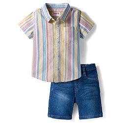 Babyhug Cotton Denim Half  Sleeves Shirt & Shorts Set With Stripes - Multicolour & Blue
