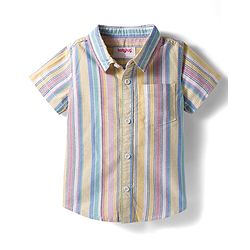 Babyhug Cotton Denim Half  Sleeves Shirt & Shorts Set With Stripes - Multicolour & Blue