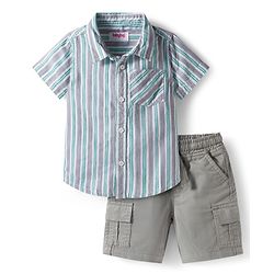 Babyhug Cotton Woven Half Sleeves Shirt and Short With Pockets & Stripes - Grey & Light Blue