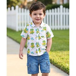 Babyhug Cotton Woven Half Sleeves Shirt & Denim Shorts Set With Dino Print - White & Blue