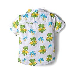 Babyhug Cotton Woven Half Sleeves Shirt & Denim Shorts Set With Dino Print - White & Blue