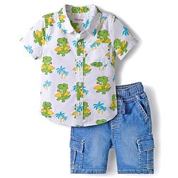 Babyhug Cotton Woven Half Sleeves Shirt & Denim Shorts Set With Dino Print - White & Blue