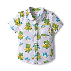 Babyhug Cotton Woven Half Sleeves Shirt & Denim Shorts Set With Dino Print - White & Blue