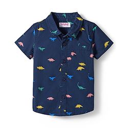 Babyhug Cotton Woven Half Sleeves Shirt & Denim Shorts Set With Dino Print - Blue