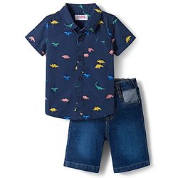 Babyhug Cotton Woven Half Sleeves Shirt & Denim Shorts Set With Dino Print - Blue