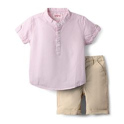 Babyhug Cotton Woven Half Sleeves Striped Kurta Shirt & Shorts Set - Pink & Beige