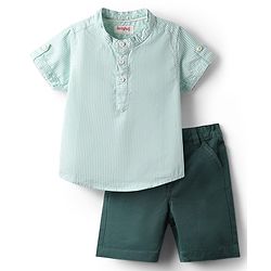 Babyhug Cotton Woven Half Sleeves Mandarin Collar Striped Shirt & Shorts Set - Green