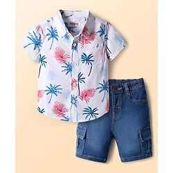 Babyhug Cotton Woven Half Sleeves Front-Open Shirt & Shorts Set with Floral Print - White & Blue