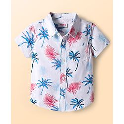 Babyhug Cotton Woven Half Sleeves Front-Open Shirt & Shorts Set with Floral Print - White & Blue