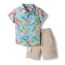 Babyhug Cotton Woven Half Sleeves Shirt and Shorts Set with Floral Print - Light Blue & Grey