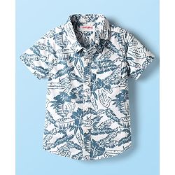 Babyhug 100% Cotton Woven Half Sleeves Leaves Printed Shirt & Shorts Set - Navy Blue & White