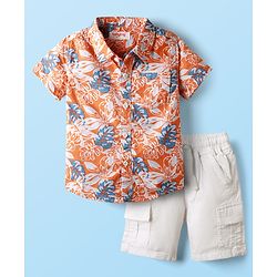 Babyhug Cotton Woven Half Sleeves Shirt & Shorts Set With Floral Print - Orange & White