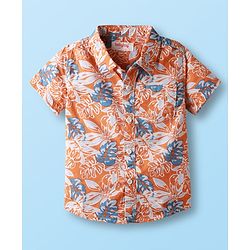 Babyhug Cotton Woven Half Sleeves Shirt & Shorts Set With Floral Print - Orange & White