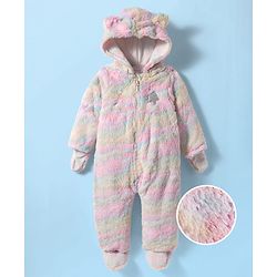 Babyhug Fur Knit Full Sleeves Front Open Footed Winter Wear Romper with Attached Gloves & Hoodie - Multicolor
