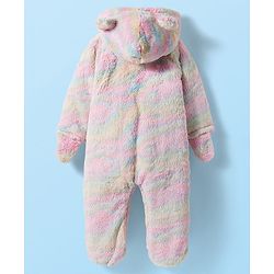 Babyhug Fur Knit Full Sleeves Front Open Footed Winter Wear Romper with Attached Gloves & Hoodie - Multicolor