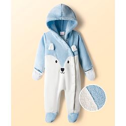 Babyhug Fur Knit Full Sleeves Hooded Front OpenWinter Wear Romper with Attached Mitten & Footed with Teddy Bear Print & Applique - White & Light Blue