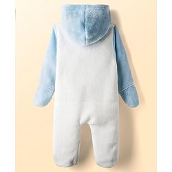 Babyhug Fur Knit Full Sleeves Hooded Front OpenWinter Wear Romper with Attached Mitten & Footed with Teddy Bear Print & Applique - White & Light Blue