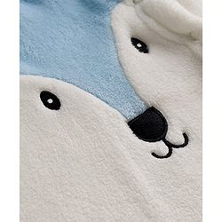 Babyhug Fur Knit Full Sleeves Hooded Front OpenWinter Wear Romper with Attached Mitten & Footed with Teddy Bear Print & Applique - White & Light Blue