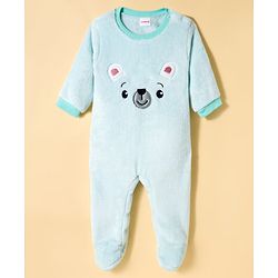 Babyhug Fur Knit Full Sleeves Winter Wear Footed Romper With Animal Embroidery - Light Blue