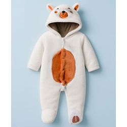 Babyhug Fur Knit Full Sleeves Winter Wear Hooded & Footed Romper With Animal Embroidery & Ear Applique - White