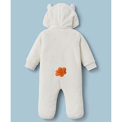 Babyhug Fur Knit Full Sleeves Winter Wear Hooded & Footed Romper With Animal Embroidery & Ear Applique - White
