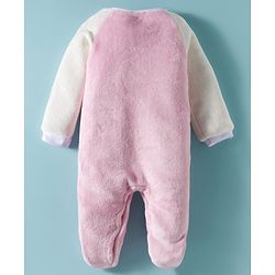 Babyhug Fur Knit Full Raglan Sleeves Winter Wear Footed Romper With Animal Embroidery & Kangaroo Pockets - Pink & White
