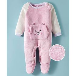Babyhug Fur Knit Full Raglan Sleeves Winter Wear Footed Romper With Animal Embroidery & Kangaroo Pockets - Pink & White