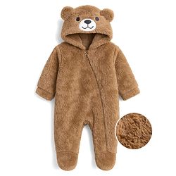 Babyhug Knit Full Sleeves Winter Wear Hooded Romper With Bear Applique - Brown