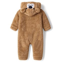 Babyhug Knit Full Sleeves Winter Wear Hooded Romper With Bear Applique - Brown