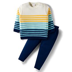 Babyhug Knit Full Sleeves Sweater Set With Stripes - Navy Blue & White