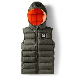 Babyhug Woven Sleeveless Hooded Padded Jacket With Play Time Patch - Olive Green