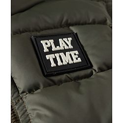 Babyhug Woven Sleeveless Hooded Padded Jacket With Play Time Patch - Olive Green