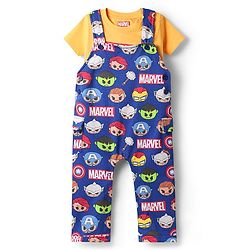 Babyhug Marvel Single Jersey Knit Half Sleeve Tee & Dungaree Set with Avengers Print - Yellow & Blue