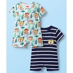 Babyhug 100% Cotton Knit Half Sleeves Rompers With Stripes & Animal Print Pack of 2 - Navy Blue & White