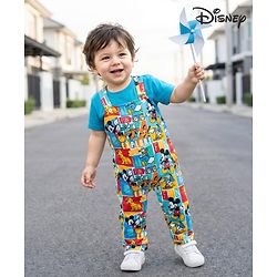 Babyhug Disney Single Jersey Knit Dungaree & Half Sleeves T-Shirt With Mickey Mouse Family Print - Blue