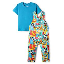 Babyhug Disney Single Jersey Knit Dungaree & Half Sleeves T-Shirt With Mickey Mouse Family Print - Blue