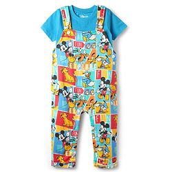 Babyhug Disney Single Jersey Knit Dungaree & Half Sleeves T-Shirt With Mickey Mouse Family Print - Blue